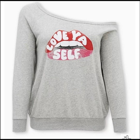 TORRID LOVE YA SELF LIGHT GREY TERRY OFF SHOULDER SWEATSHIRT SIZE 3X - Picture 3 of 7